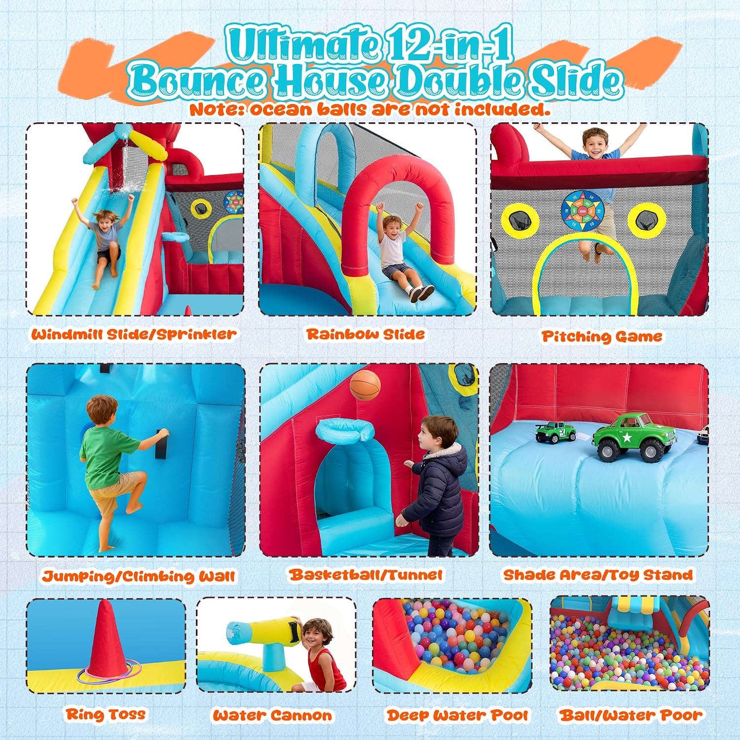 Water Bounce House for Big Kids 8-12, Double Water Slide Bounce House with 750W Blower, Toy Stand, Climbing Wall, Jumping, Water Gun, Splash Pool, Basketball Hoop for Indoor Outdoor Backyard
