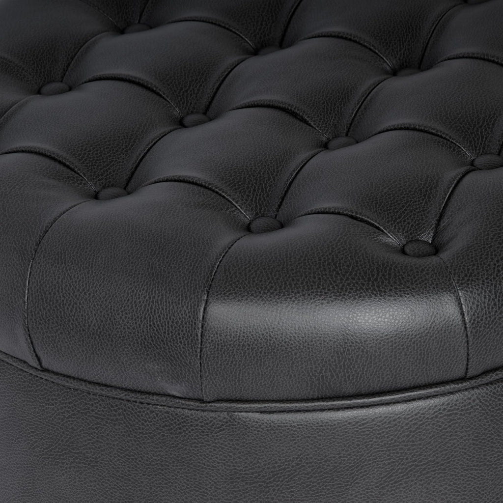 Homepop Home Decor | Button Tufted Faux Leather Round Storage Ottoman | Ottoman with Storage for Living Room & Bedroom (Black Faux Leather)