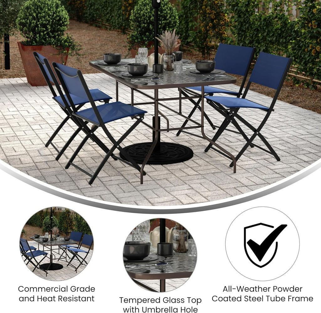 Flash Furniture Tory 31.5' x 55' Rectangular Tempered Glass Metal Table with Umbrella Hole, Bronze