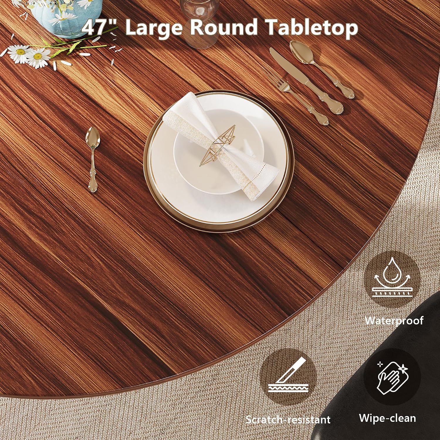 Einhomn Round Dining Table for 4-6, Kitchen Table with Sturdy Double Arc & Rounded Base & Backboard Clasp Desktop, Mid-Century Modern Circle Dinner Table for Dining Living Room, Space Saving, Walnut