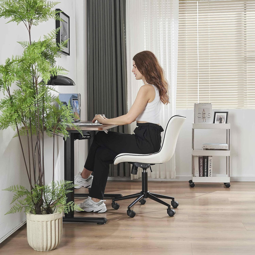 YOUNIKE White Armless Office Chair Faux Leather Small Cute Desk Chair with 12° Rocking Back Adjustable Height Swivel Vanity Chair Ergonomic Compact Home Computer Rolling Task Chair for Small Spaces