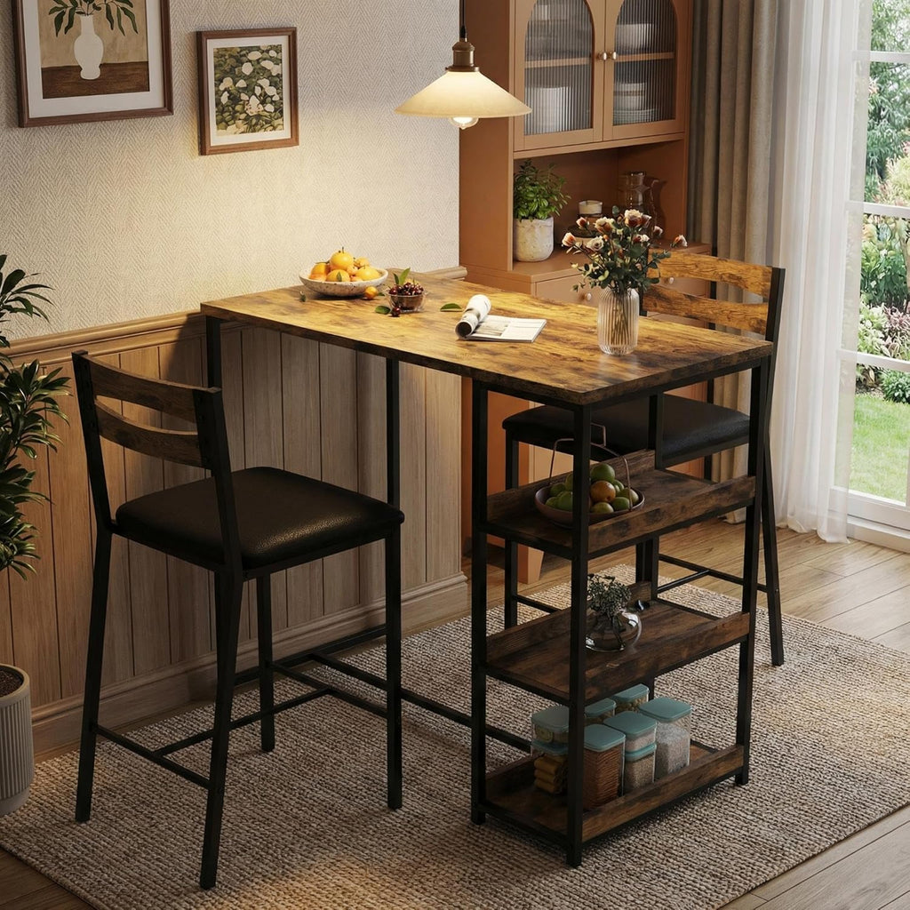 GarveeHome 3-Piece Kitchen Table Set with Storage Shelves & 2 Upholstered Chairs - Iron and Wood Dining Table for Small Spaces, Apartments, Condos, Rustic Brown