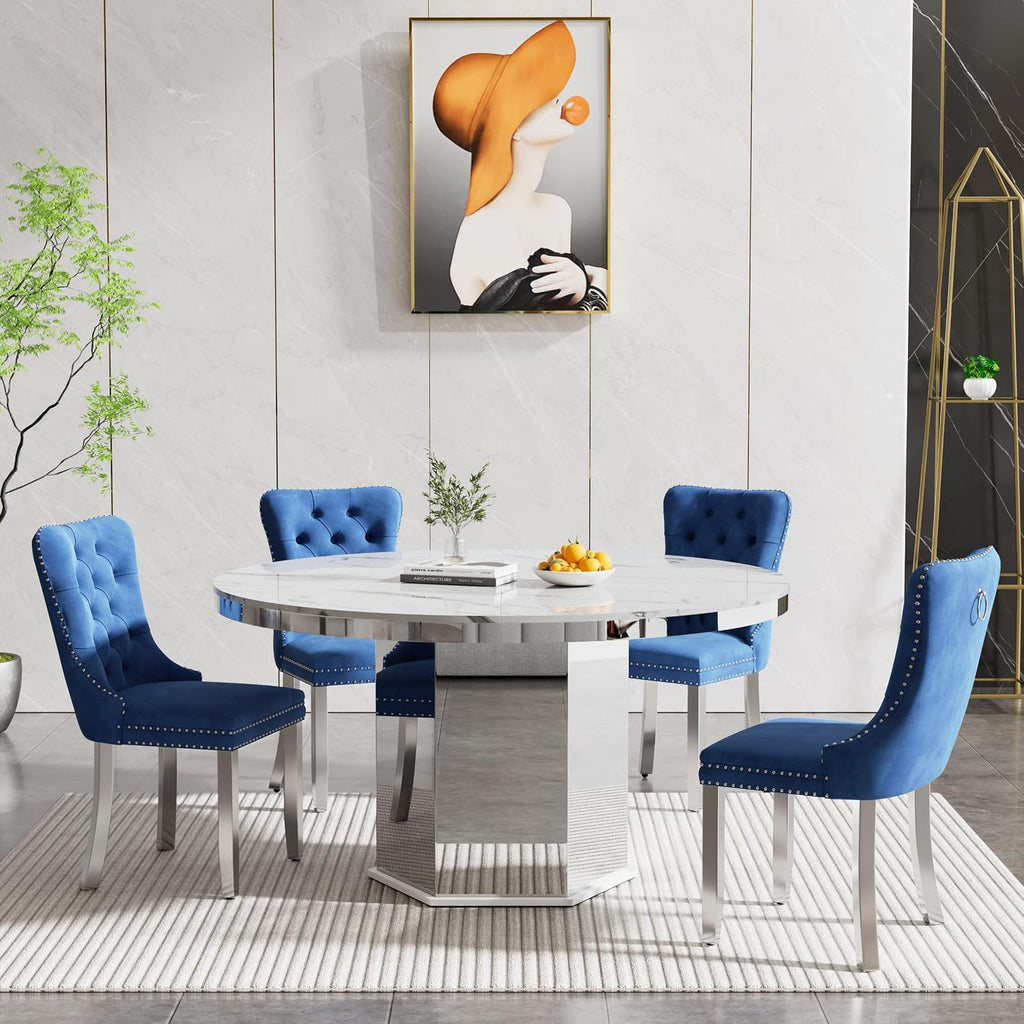 5 Pieces 47'-63' White Faux Marble Extendable Dining Table Set, Round Expanding Kitchen and Dining Room Table Set for 4 with Mirrored Acrylic Base & Blue Velvet Upholstered Chairs