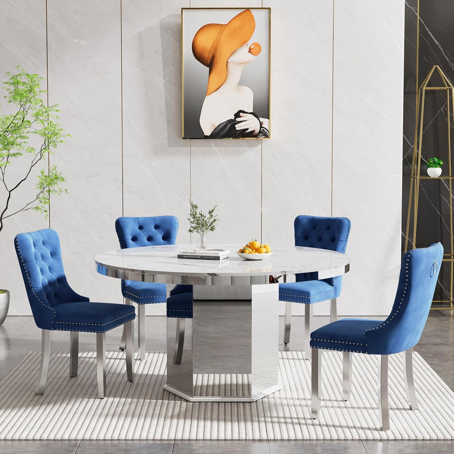 5 Pieces 47'-63' White Faux Marble Extendable Dining Table Set, Round Expanding Kitchen and Dining Room Table Set for 4 with Mirrored Acrylic Base & Blue Velvet Upholstered Chairs