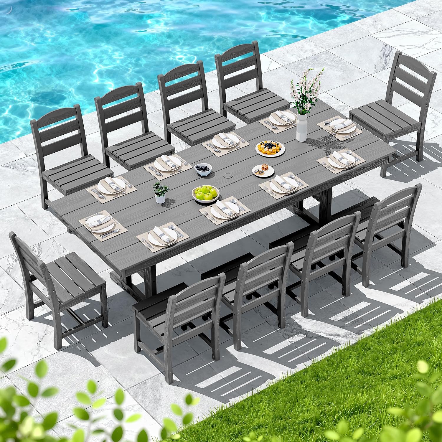 SERWALL Outdoor Dining Table, 84' Rectangular Dining Table for 6-10 Person, All Weather HDPE Outdoor Furniture for Backyard, Garden, Gray