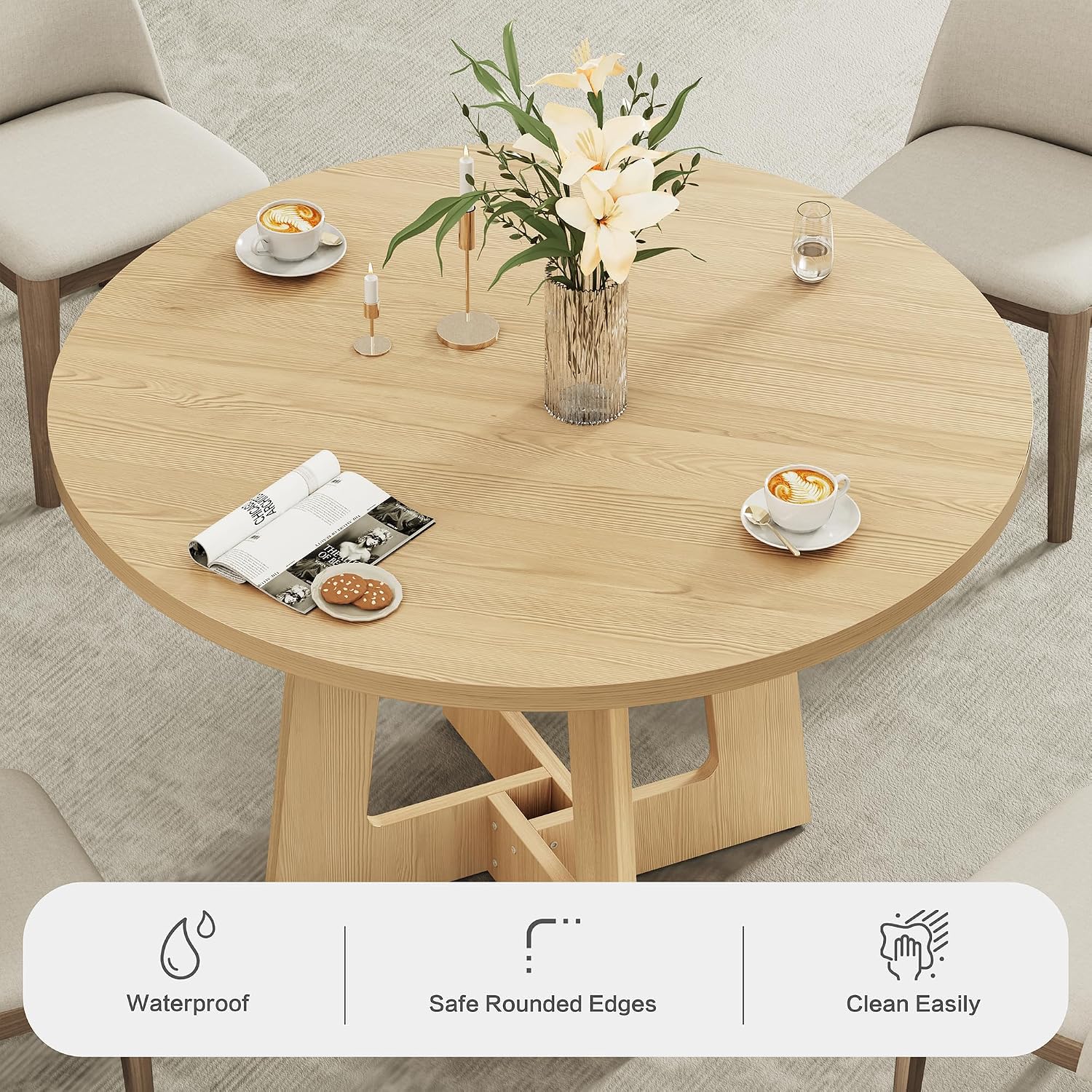 Round Dining Table for 4, Farmhouse Kitchen Table, Wooden Circle Table, 300lb Capacity & Easy Assembly for Home Dining Room Kitchen Living Room (Natural Oak)