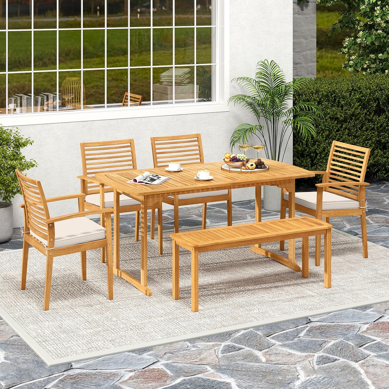 HAPPYGRILL Outdoor Wooden Dining Table for 4-6 People, Acacia Wood Table with Umbrella Hole, for Backyard Patio Deck Porch