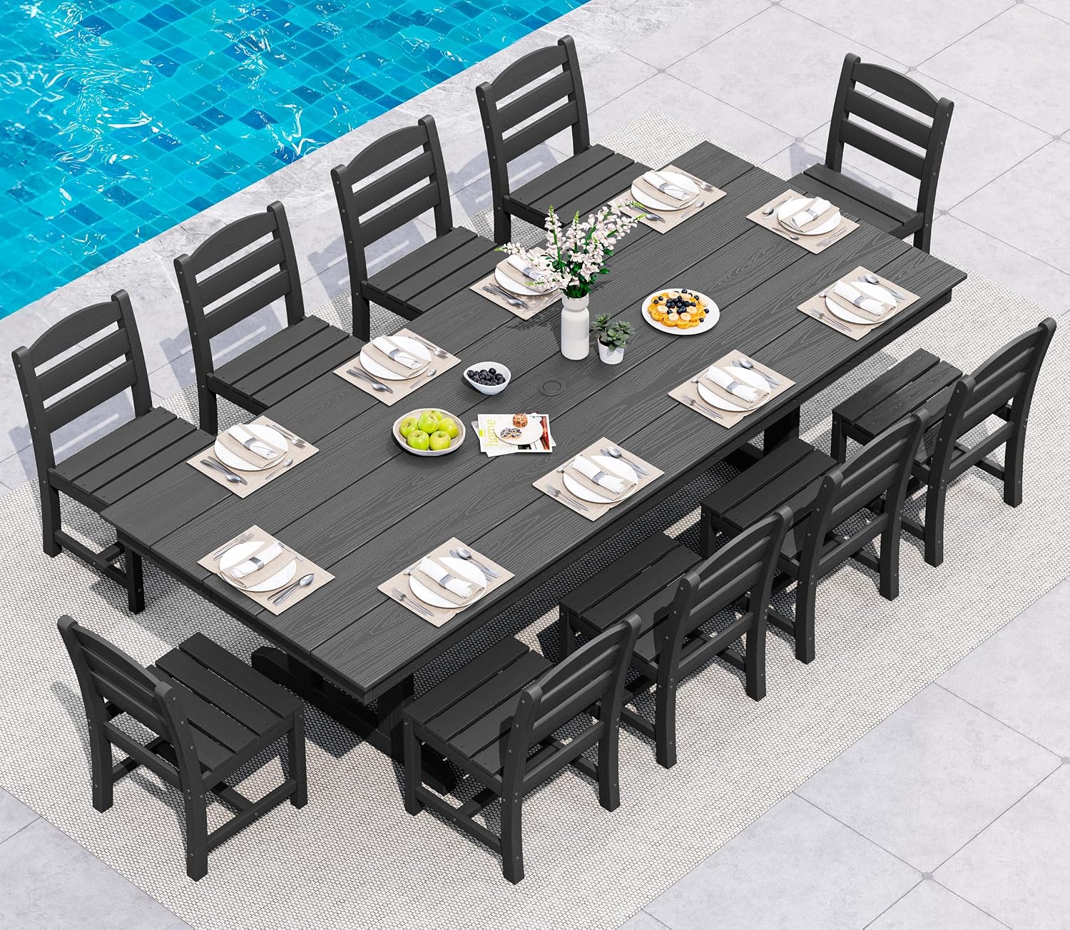 SERWALL Outdoor Armless Dining Chairs Set of 4, All-Weather HDPE Patio Chair with 19.7' Widened Seat, for Backyard, Garden, Black