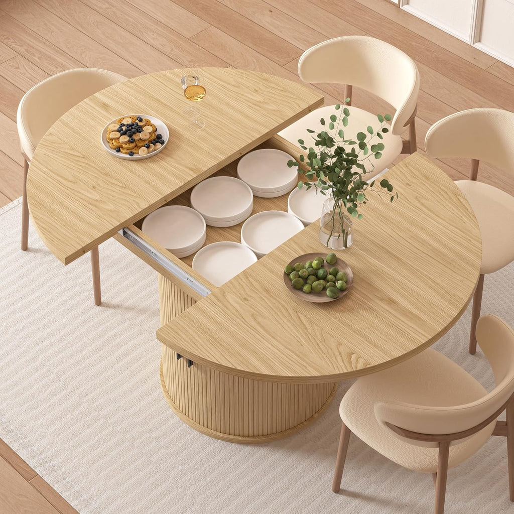 Vipbear Extendable Dining Table 43-59' for 4-6 People, Solid Wood Top with Fluted Slide Door & 8-Compartment Storage, Space Saving Round Dining Room Kitchen Dinner Tables Furniture with Pedestal Base