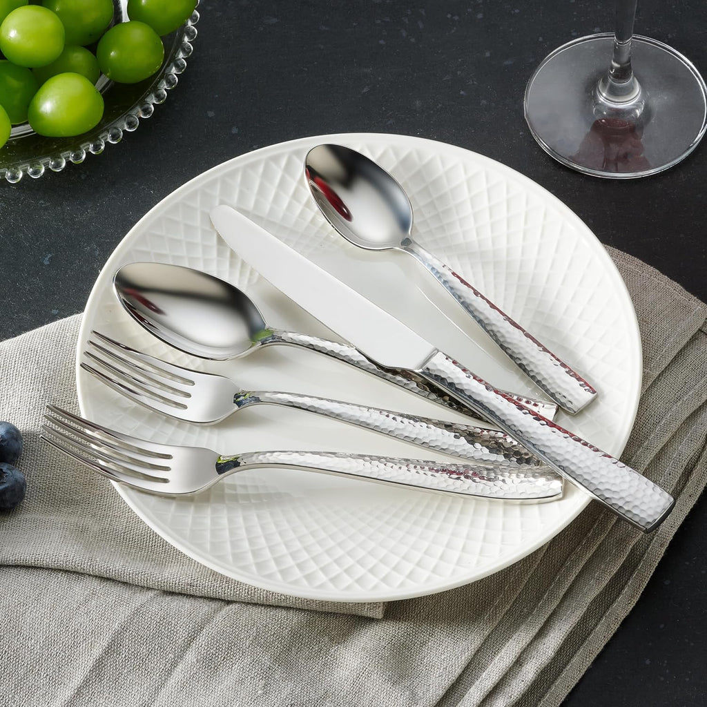 Hudson Essentials 65-Piece Hammered 18/10 Stainless Steel Silverware Cutlery Set, Flatware Service for 12