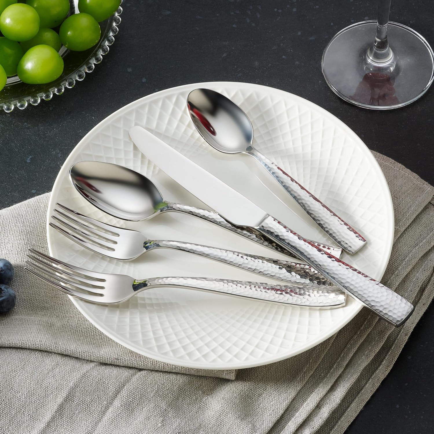 Hudson Essentials 65-Piece Hammered 18/10 Stainless Steel Silverware Cutlery Set, Flatware Service for 12