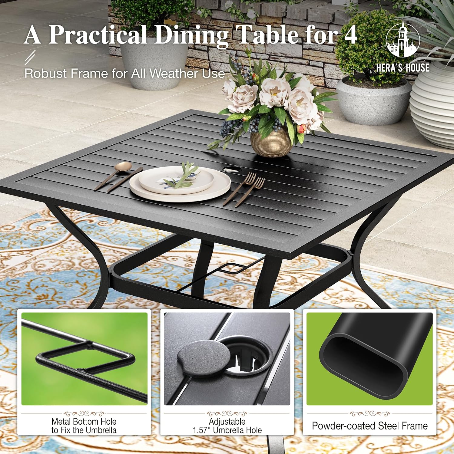 HERA'S HOUSE 5 Pieces Patio Dining Set, Outdoor Table and Chairs Set for 4, 4 x Blue Textilene Dining Chair, 37' Square Metal Dining Table, for Lawn Garden Backyard Deck