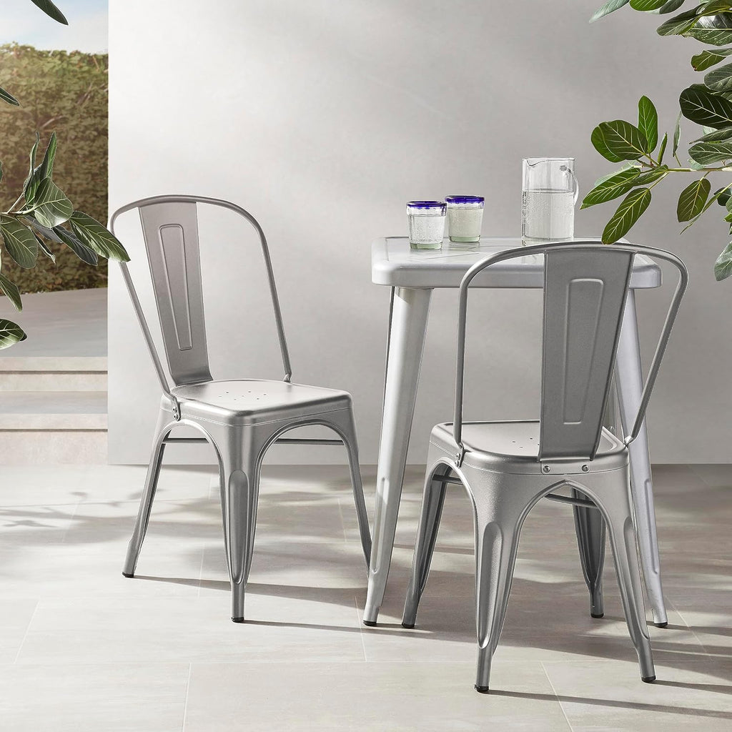 Amazon Basics Metal Dining Chairs, Easy to Assemble, Indoor/Outdoor, Stackable, 330-Pound Capacity, Dark Gray, 4-Pack, 20.1 x 17.1 x 33.5 inches