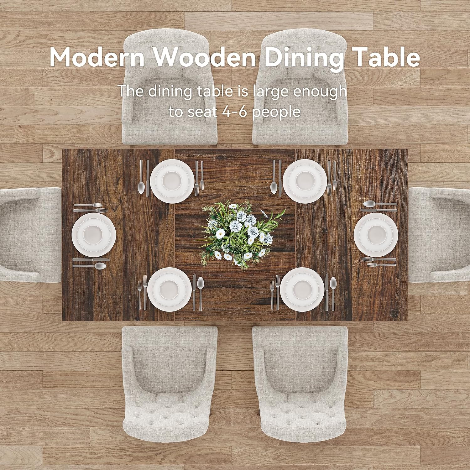 LITTLE TREE Rectangle Dining Table, Modern Kitchen Table Set for 6, Wooden Furniture with Heavy Duty Base, Modern Furniture for Home, Dining Room, Brown & White