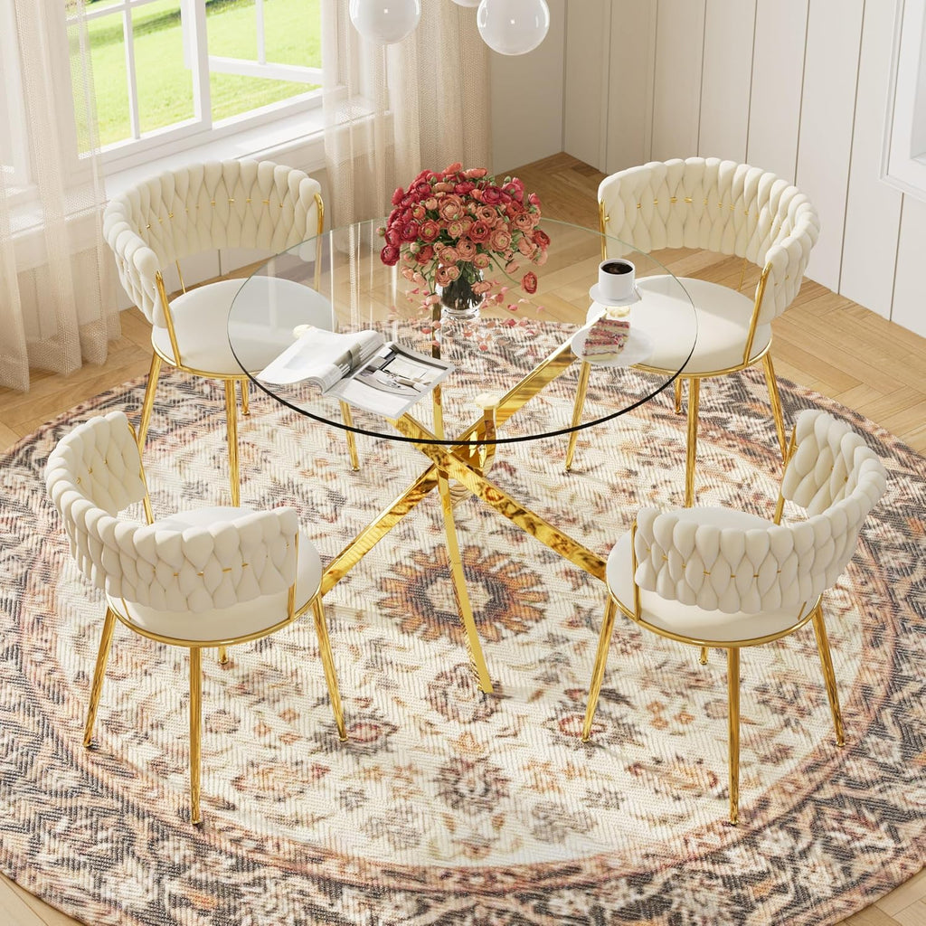 Round Glass Dining Table Set for 4, 36'' Small Circle Glass Kitchen Table with 4 Luxury Beige Gold Velvet Dining Chairs, 5-Piece Dining Room Table Set for Small Place(Gold Base)