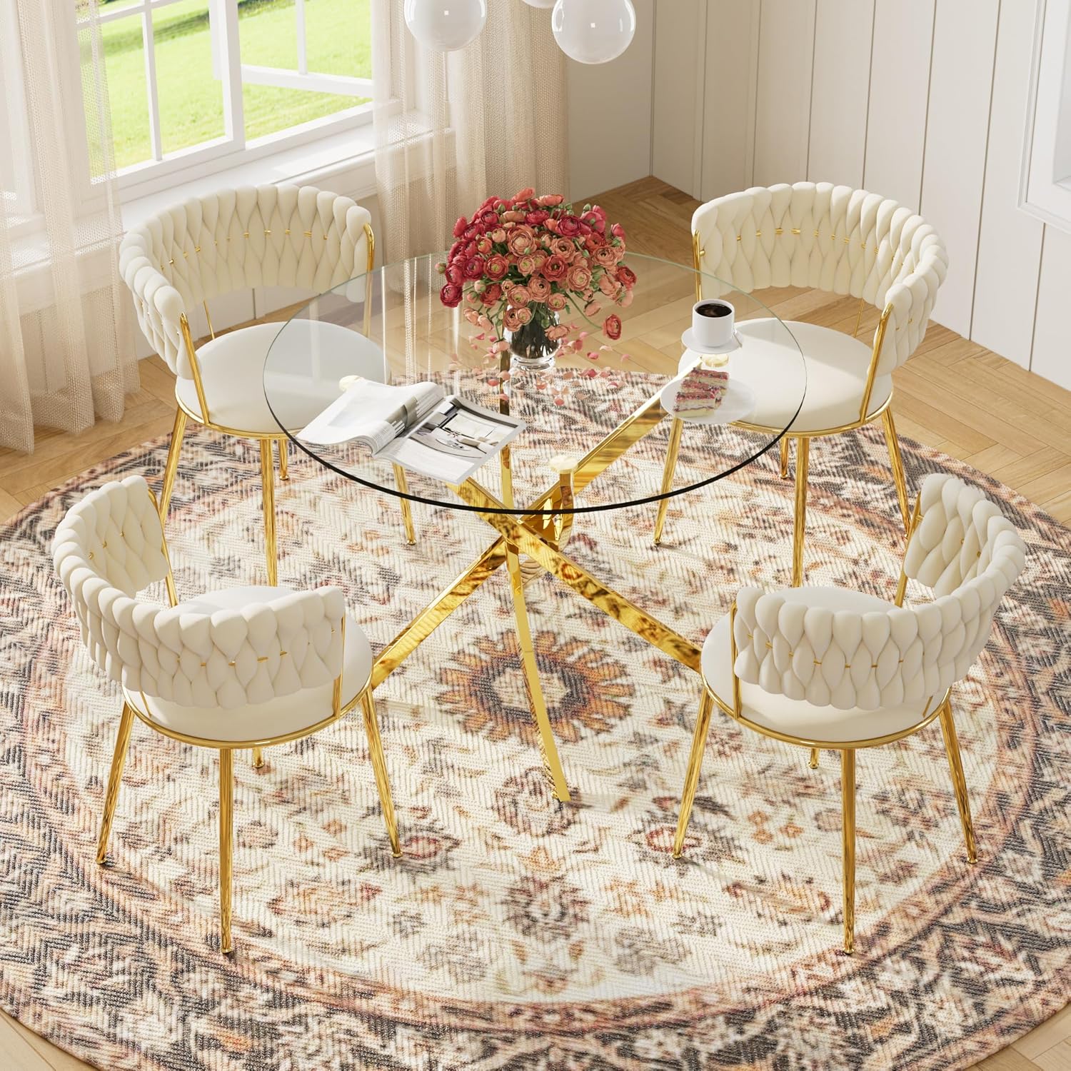 Round Glass Dining Table Set for 4, 36'' Small Circle Glass Kitchen Table with 4 Luxury Beige Gold Velvet Dining Chairs, 5-Piece Dining Room Table Set for Small Place(Gold Base)
