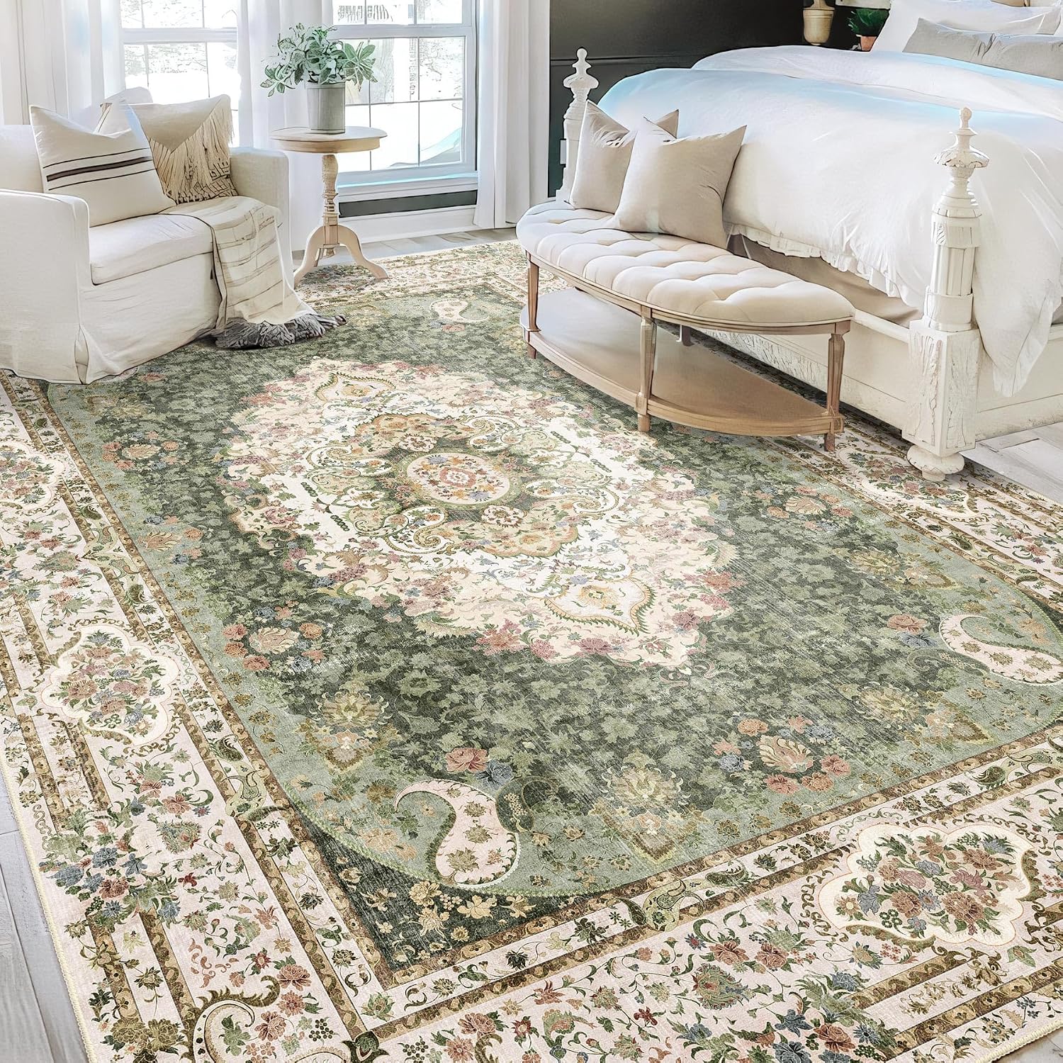 9x12 Area Rugs Washable,Green Rug for Living Room Bedroom Dining Room,Large Boho Vintage Bohemian Distressed Carpet Non Slip,Floral