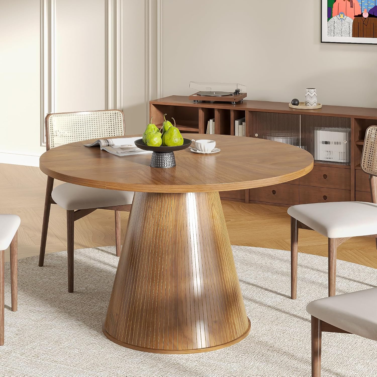 47 inch Round Dining Table for 4-6, Circle Kitchen Table with Sturdy Tapered Base, Mid Century Modern Fluted Dining Tables for Dining Room, Kitchen, Living Room (Walnut, 47inch)