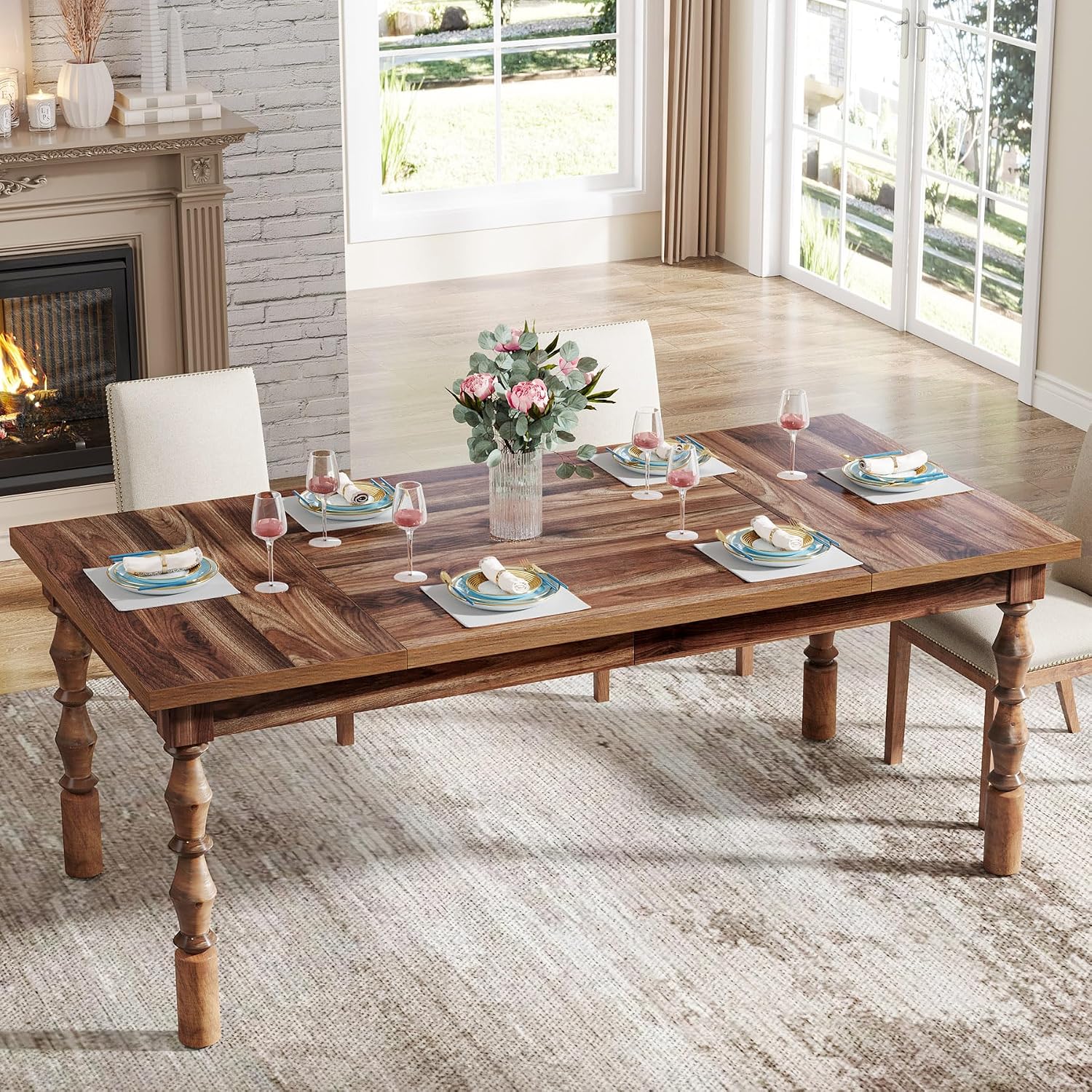 Tribesigns 62' Farmhouse Dining Table for 4-6 People, Large Wood Rectangle Kitchen Table, Modern Dinner Table Kitchen & Dining Room Furniture with Carved Turned Legs