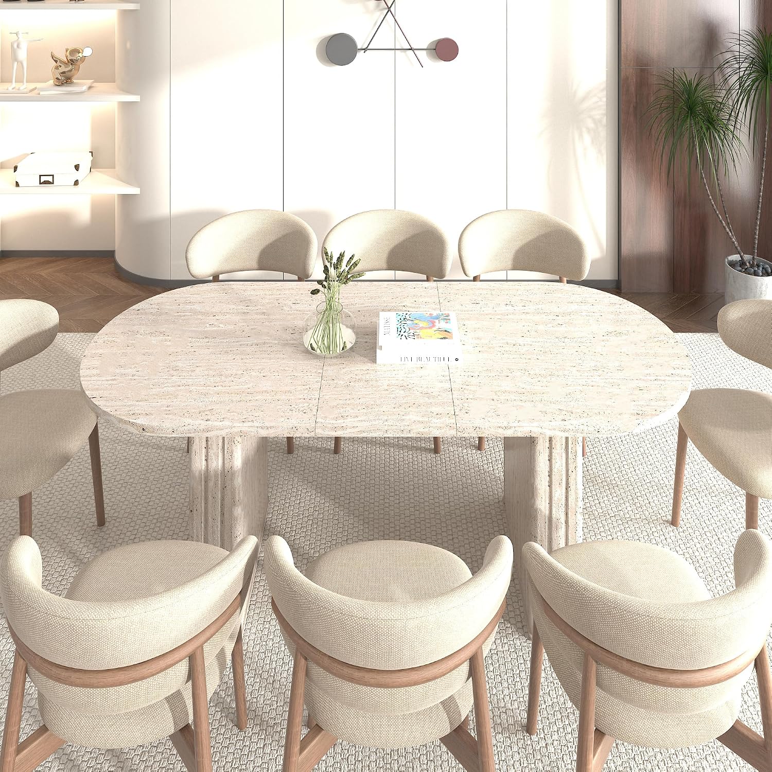78.74' Extendable Dining Table for 4-8 People,Oval Travertine Inspired Kitchen Table with Wooden Strip Base for Family Living Room,Beige
