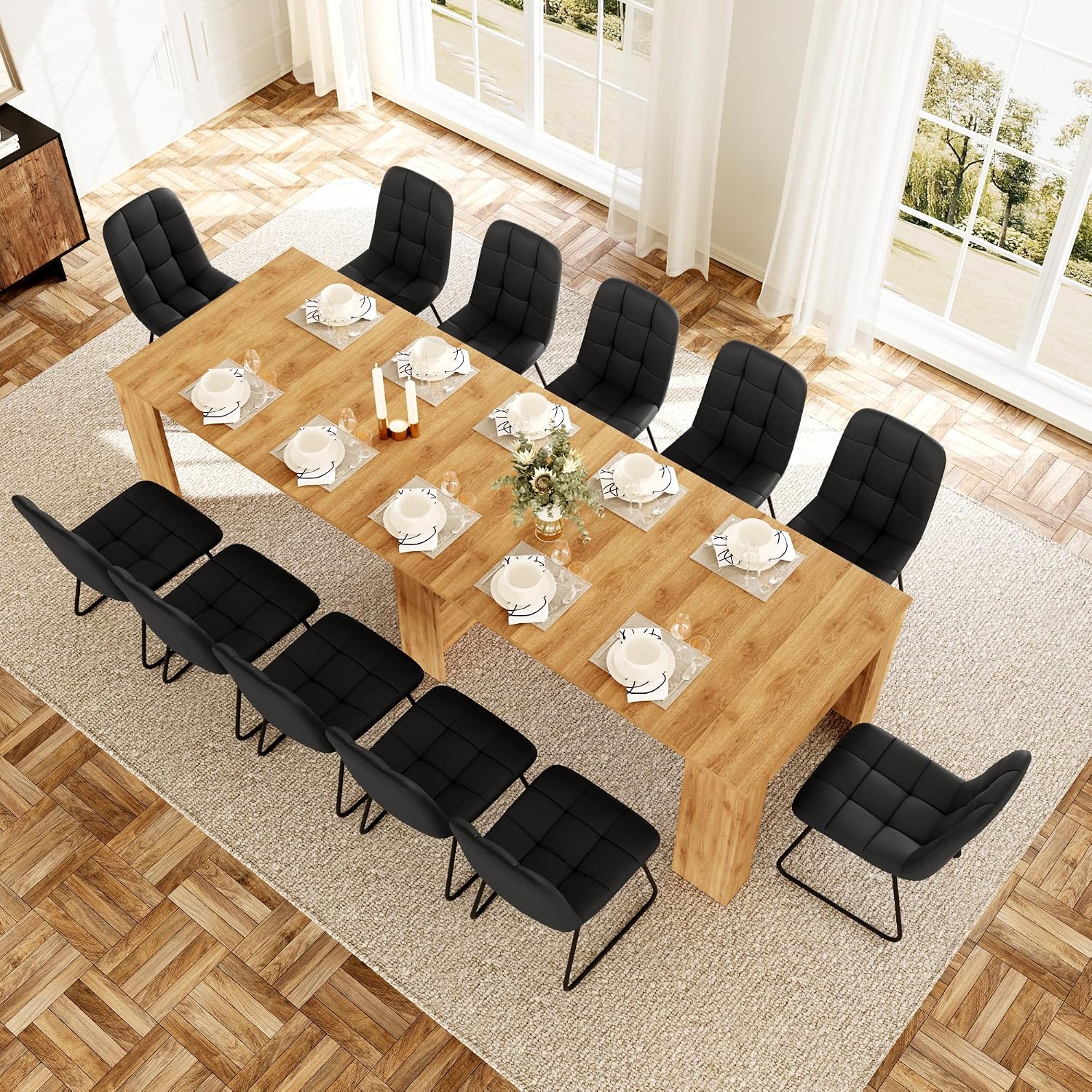 HIPIHOM 17.7'-118' Extendable Dining Table Set for 12, Extension Long Table Set with Extension Leaves Holder, Space-Saving for Meeting, Dining Room(Oak Table+12 U-Shaped Black Chairs)