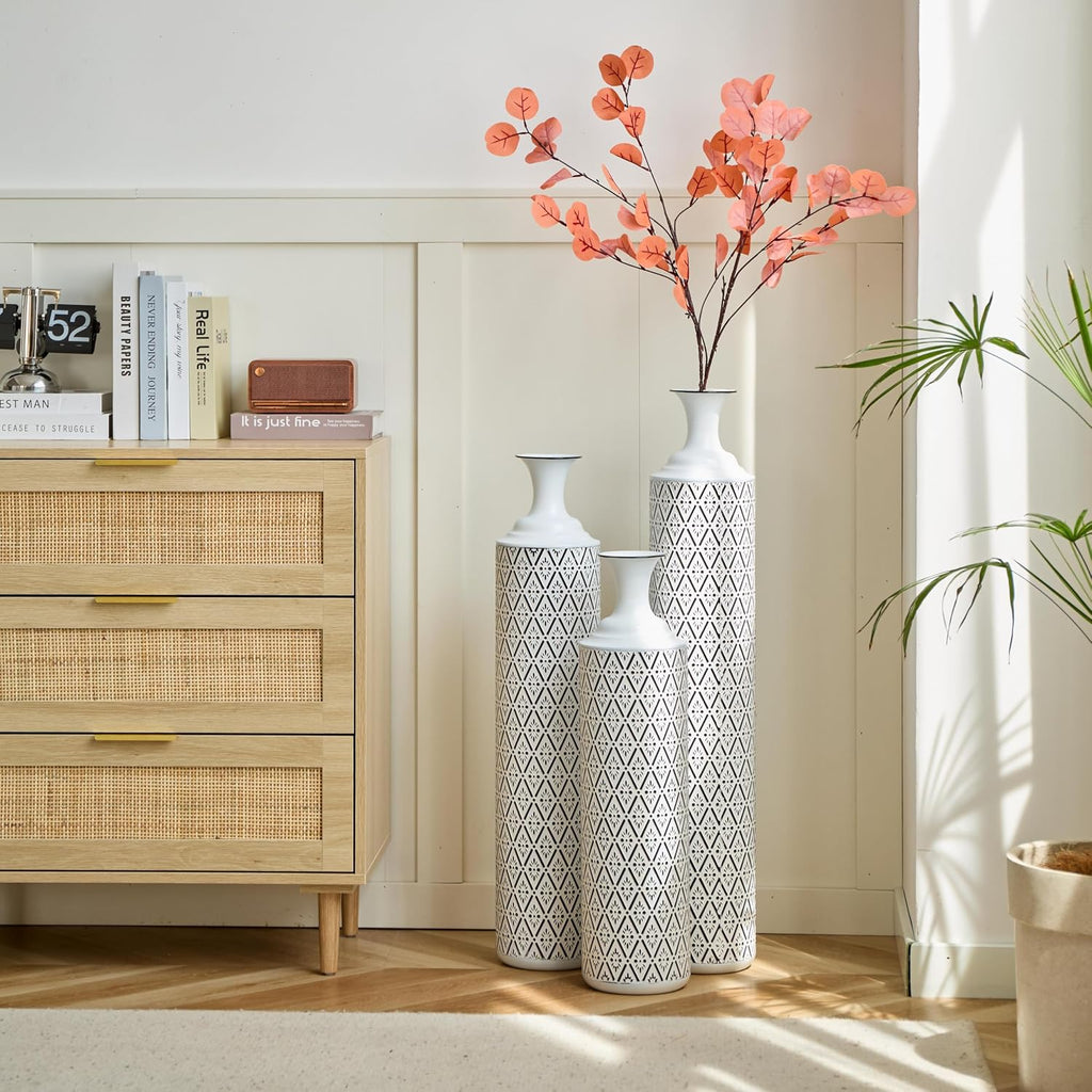 Tall Floor Vases Set of 3 - Modern White Metal Vases with Black Geometric Pattern, Decorative Cylinder Vase for Living Room, Home Decor, Entryway & Wedding Centerpieces (White+Black Rhombus)