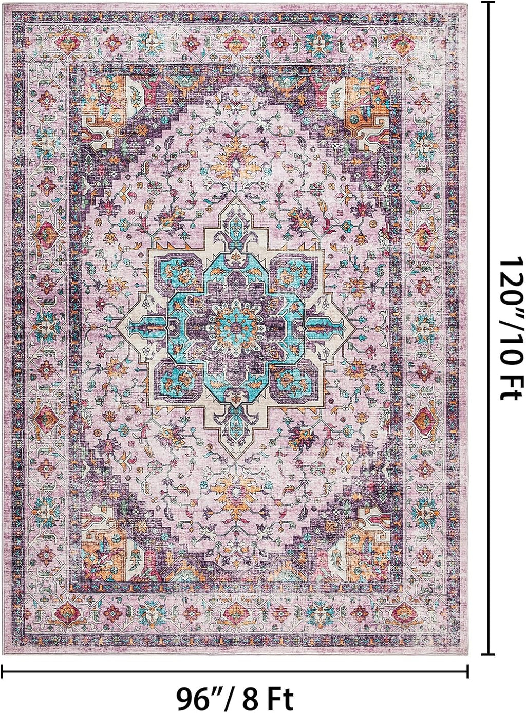 Softlife Washable Area Rug for Living Room, 8x10 Purple Large Boho Accent Rugs for Bedroom Bathroom Kitchen Under Dinning Table, Neutral Non-Slip Carpet for Nursery Kids Laundry Dorm Home Decor