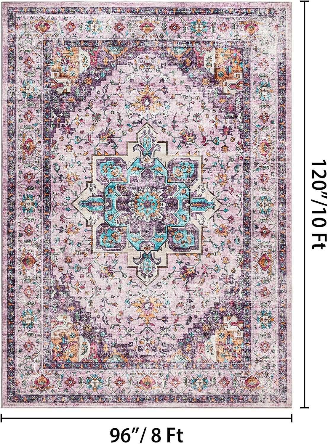 Softlife Washable Area Rug for Living Room, 8x10 Purple Large Boho Accent Rugs for Bedroom Bathroom Kitchen Under Dinning Table, Neutral Non-Slip Carpet for Nursery Kids Laundry Dorm Home Decor