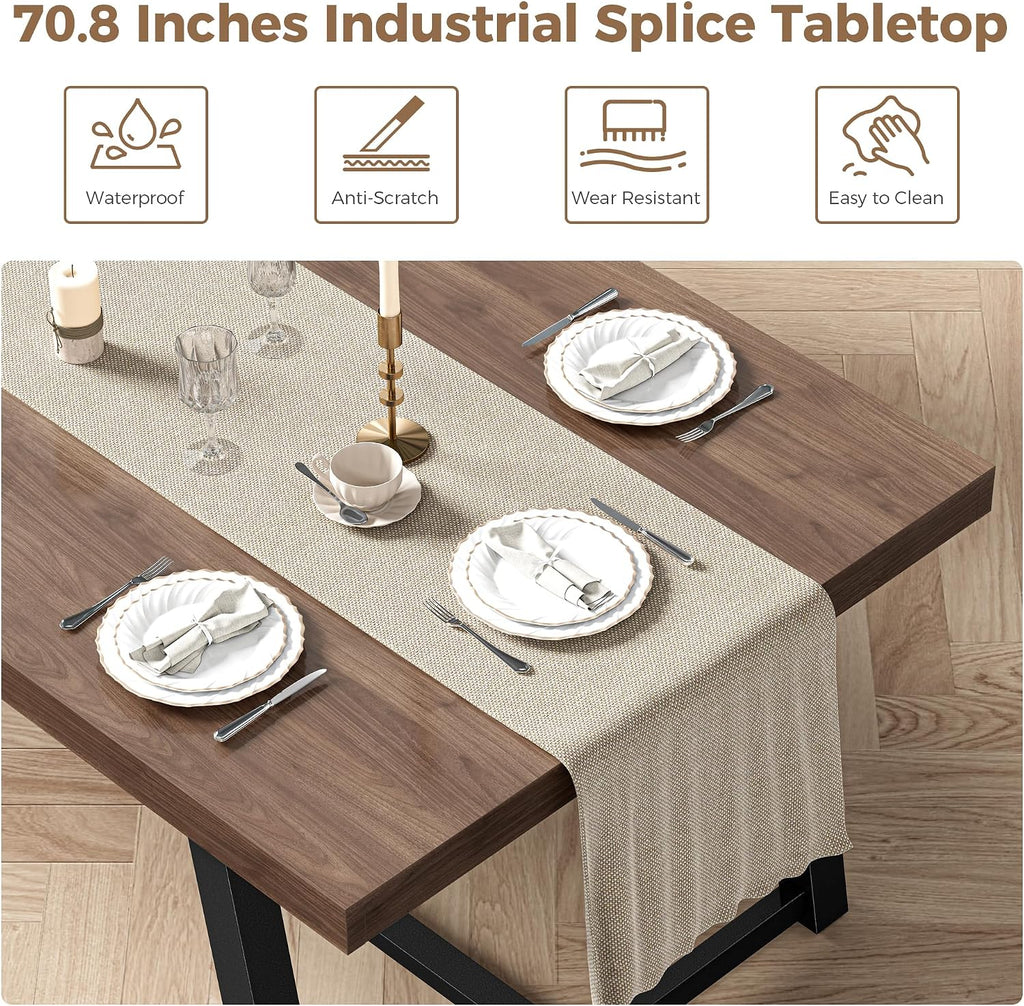 IRONCK 71' Dining Table for 6-8 People, Industrial Kitchen Table with Sturdy Metal Frame, Rectangular Brown Wood Dinner Table for Dining Room