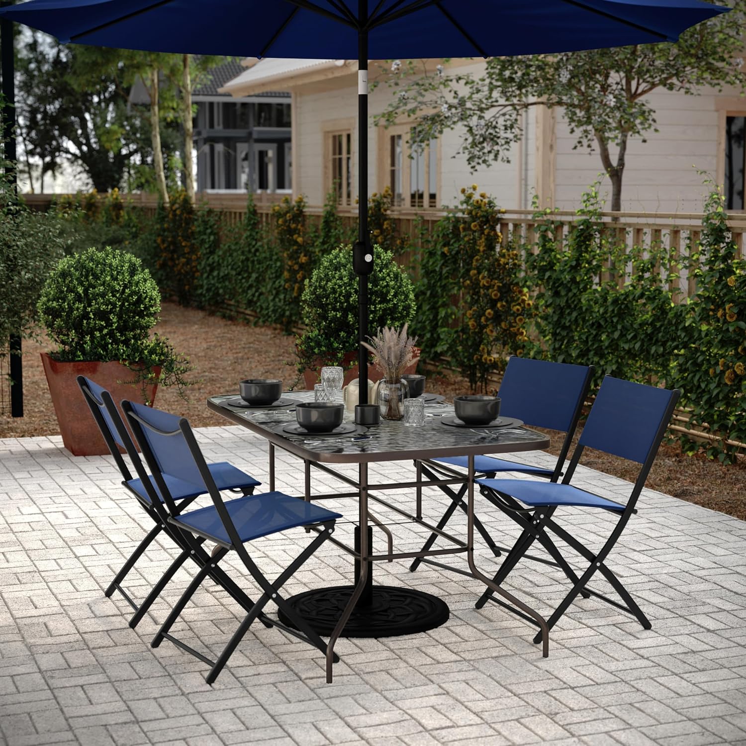 Flash Furniture Tory 31.5' x 55' Rectangular Tempered Glass Metal Table with Umbrella Hole, Bronze