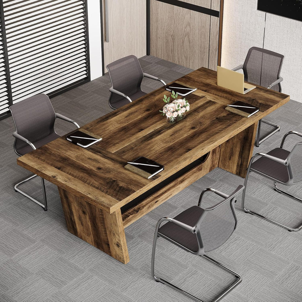 Tribesigns 6 FT Conference Room Table, 71'Large Executive Seminar Desk for 6–8 People, Rectangular Meeting Table for Office, Heavy-Duty Business Boardroom Table with Wooden Pedestal Base, Dark Brown