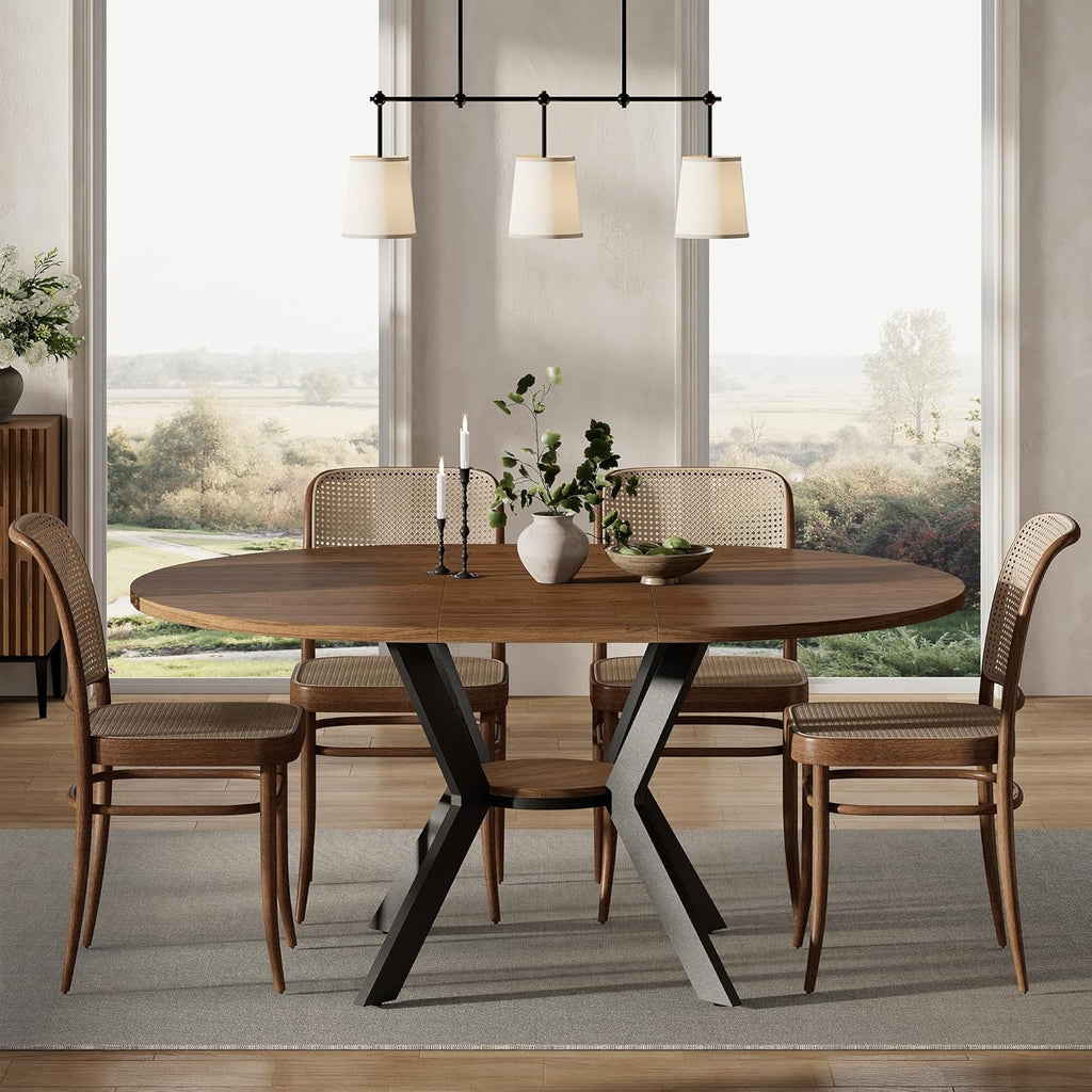 42'-58' Extendable Round Dining Table for 4-6, Kitchen Oval Table with Hidden Leaves & Storage Shelf, Space Saving Modern Design with Sturdy Metal Legs for Kitchen, Dining Room & Small Apartments