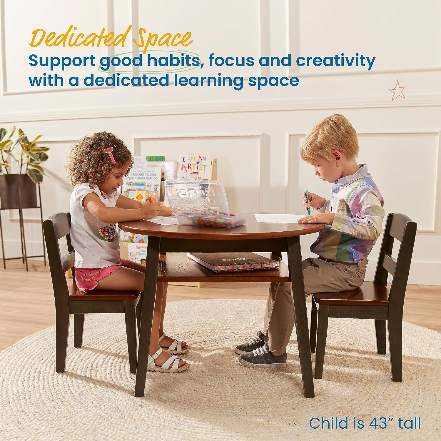 ECR4Kids Hideaway Table and Chair Set, Kids Furniture, Dark Walnut/Grey Wash, 3-Piece
