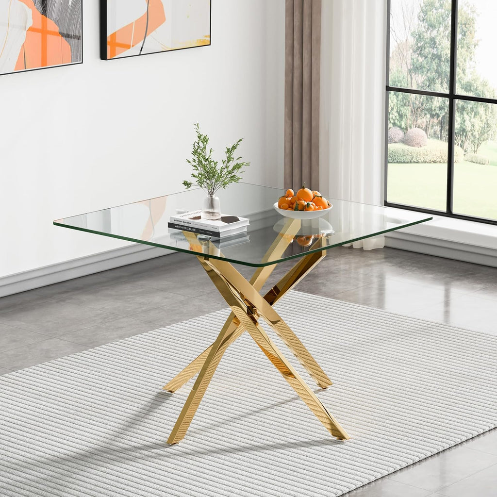36' Square Dining Table for 4, Modern Clear Glass Kitchen Table for 4 with Gold X Metal Legs, Contemporary Small Glass Dining Room Leisure Tables for Kitchen Apartment