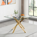 36' Square Dining Table for 4, Modern Clear Glass Kitchen Table for 4 with Gold X Metal Legs, Contemporary Small Glass Dining Room Leisure Tables for Kitchen Apartment