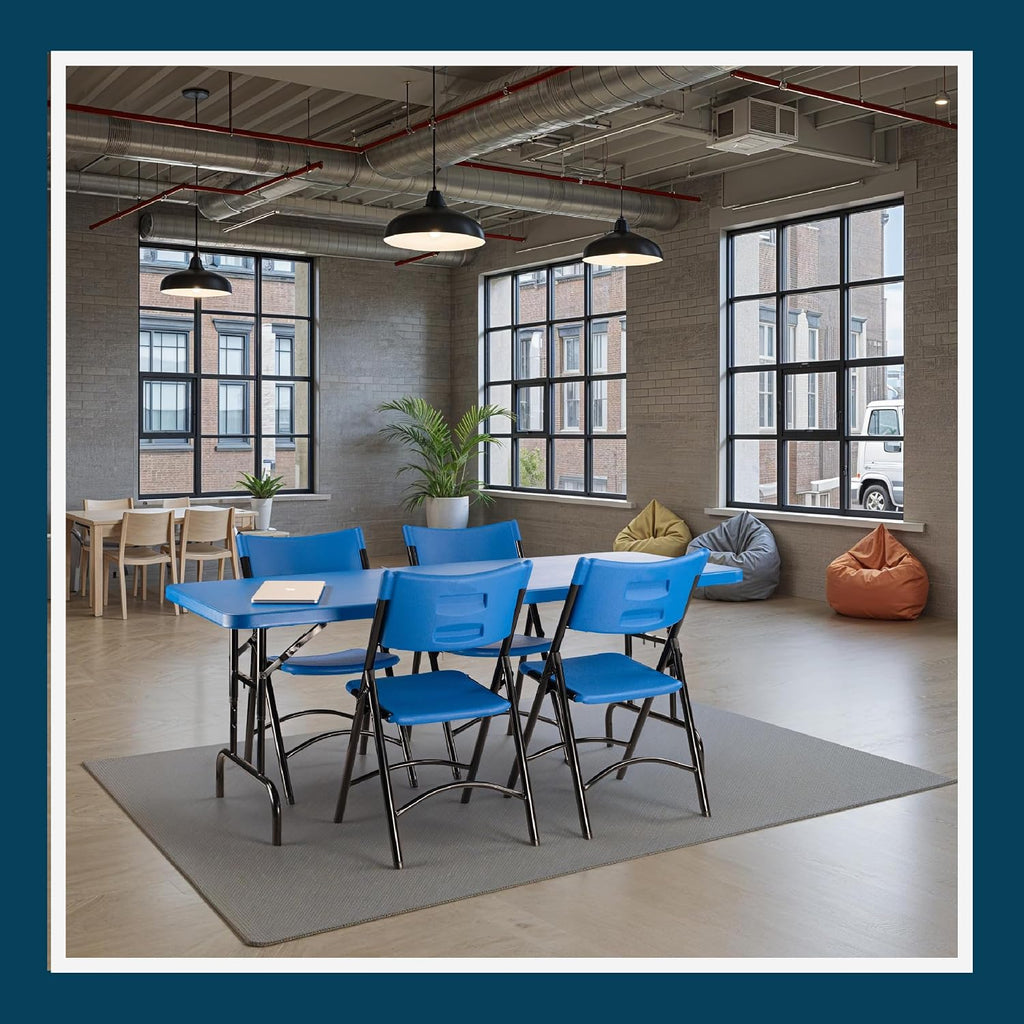 OEF Furnishings OEFBTA-3072-04 Adjustable-Height Commercial-Grade Premium Industrial Folding Table, 6-Foot Pedestal-Leg Design with 17-Gauge Steel Frame and Thick Double-Wall Top (72' × 30', Blue Top)