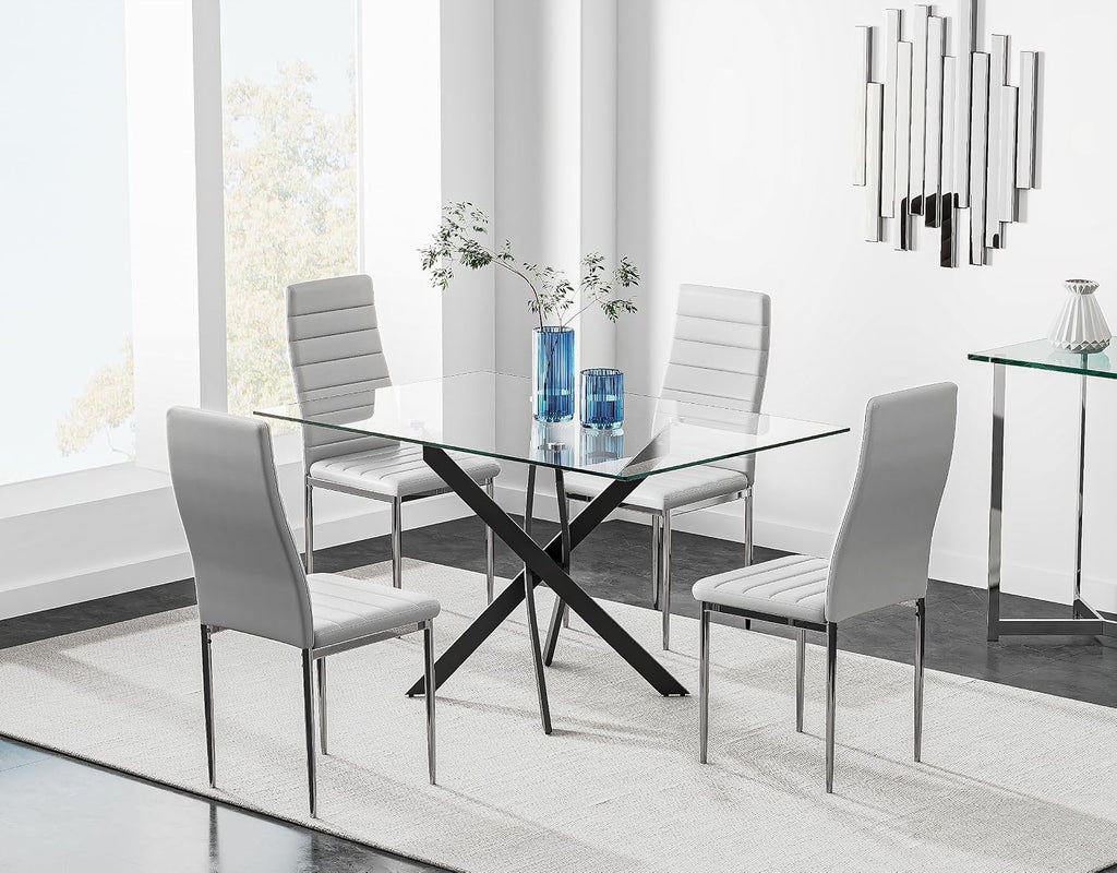 Tempered Glass Dining Table with Black Metal Legs, 47in Modern Rectangular Kitchen Table for Kitchen Dining Room Home Office, Black