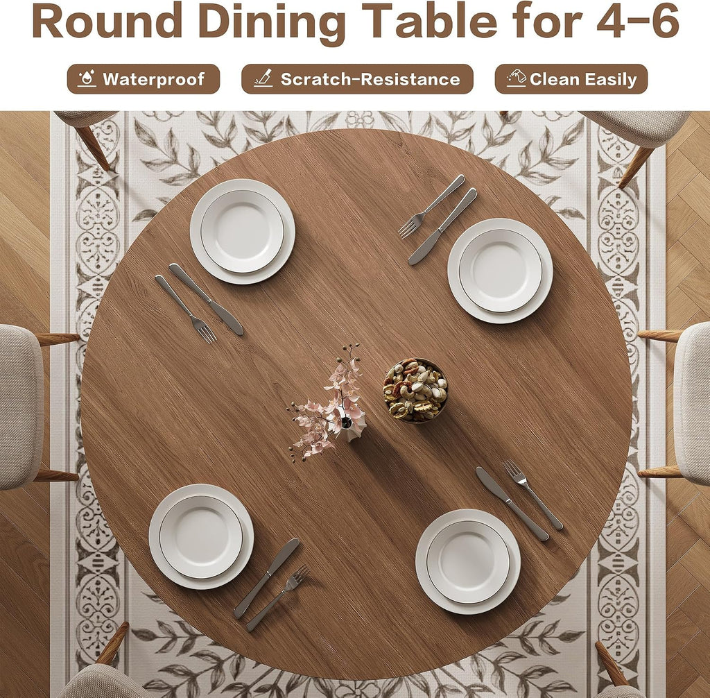 43' Round Dining Table with Storage Shelf, Farmhouse Modern Kitchen Table for 4-6, Circular Wood Dining Room Table for Small Spaces, Space Saving Pedestal Table for Apartment & Breakfast Nook, Walnut