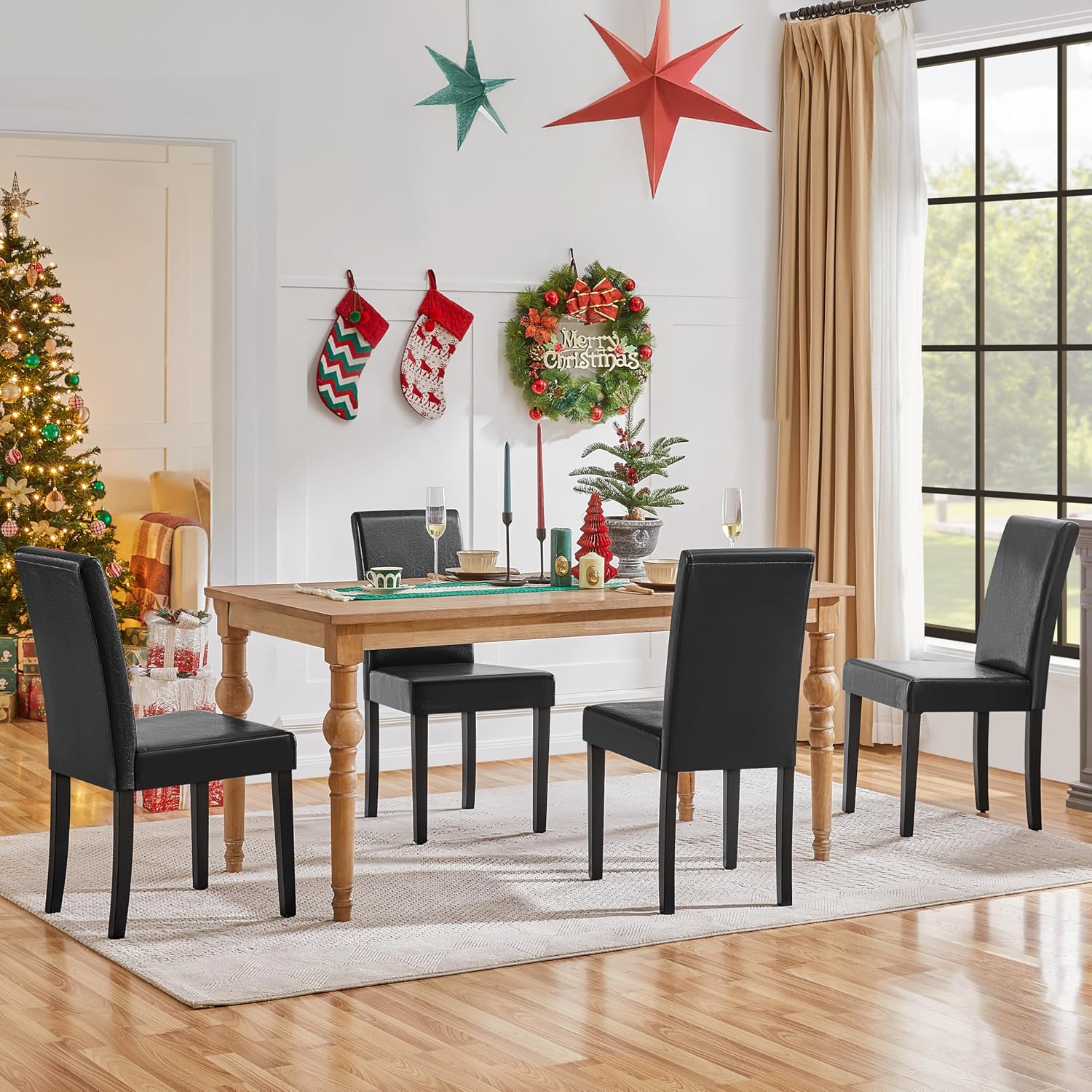 Yaheetech Dining Chairs Set of 4 PU Leather Upholstered Parsons Dining Chairs with Solid Wood Legs for Kitchen/Living Room/Restaurant, Modern Style, Black