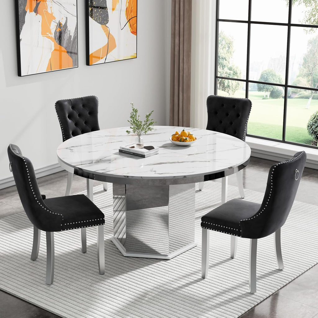 47'-63' Round White Faux Marble Extendable Dining Table for 4-6, Modern Luxury Round Dining Room Table, Kitchen Dinner Tables with Marble Veining Tabletop and Mirror Acrylic Base for Kitchen
