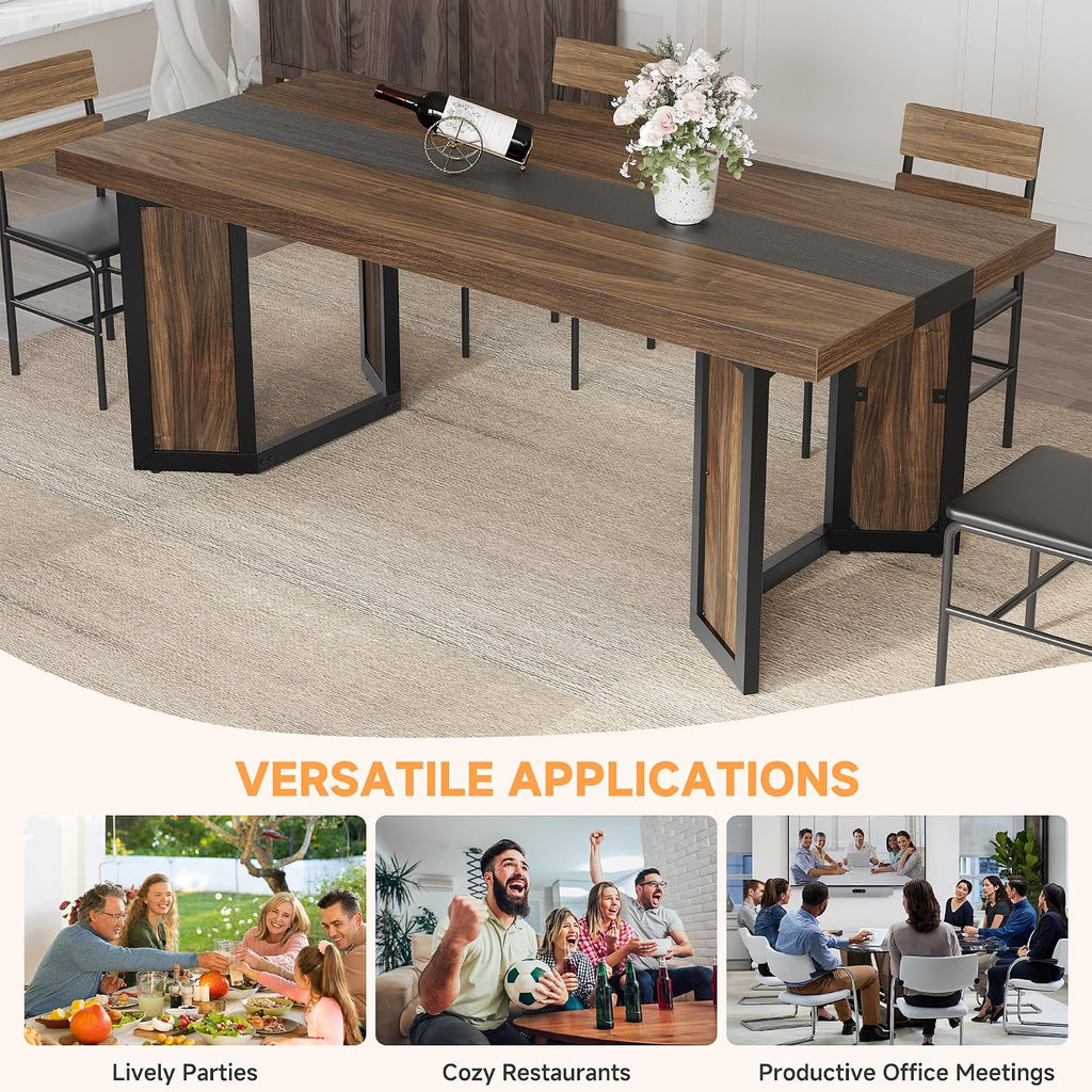 Industrial Dining Table for 6-8 People, 71' Large Long Wooden Kitchen Table with Sturdy Metal Frame & Brown Finish, Rustic Style Rectangular Dinner Table for Dining Room, Kitchen (Reddish Brown )