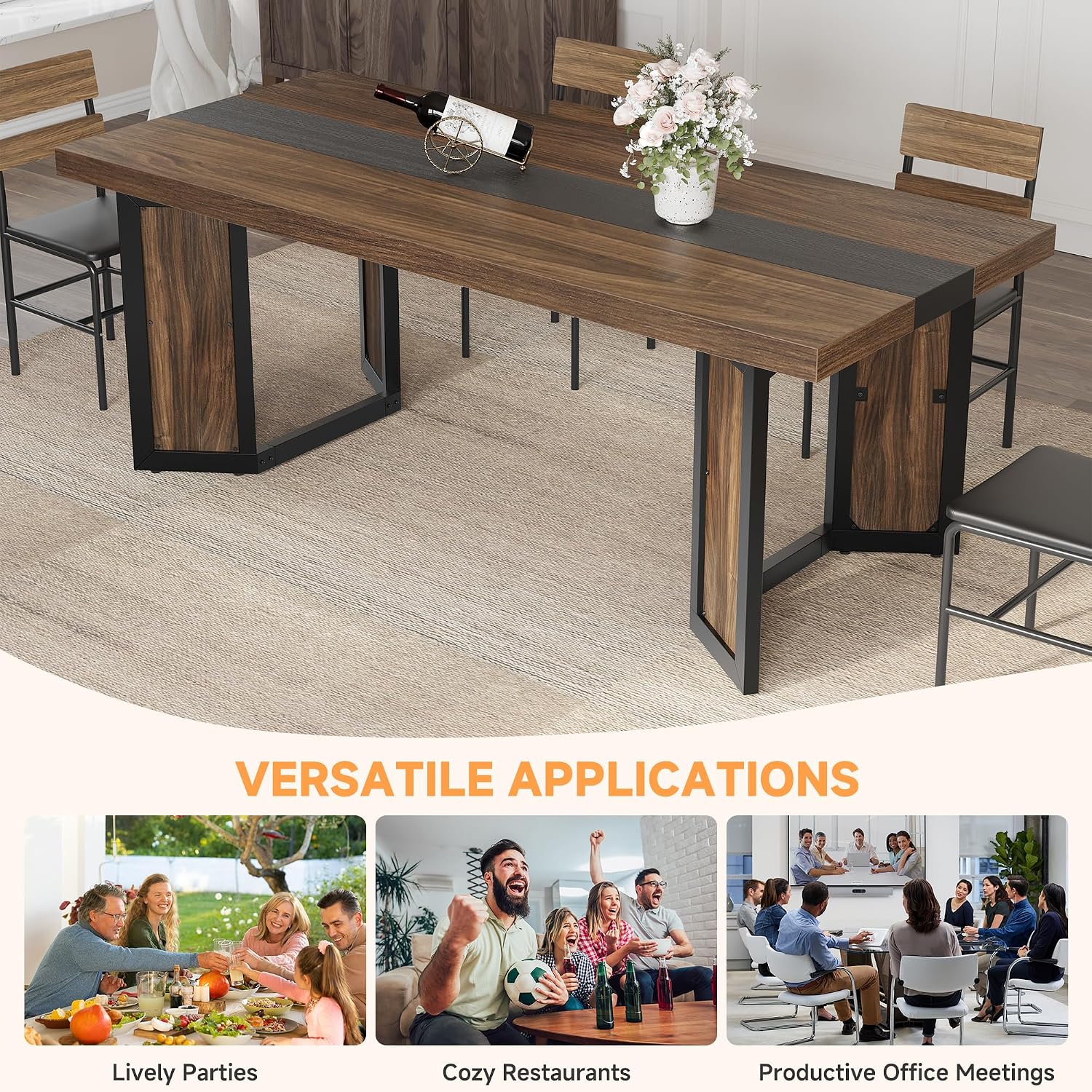 Industrial Dining Table for 6-8 People, 71' Large Long Wooden Kitchen Table with Sturdy Metal Frame & Brown Finish, Rustic Style Rectangular Dinner Table for Dining Room, Kitchen (Reddish Brown )
