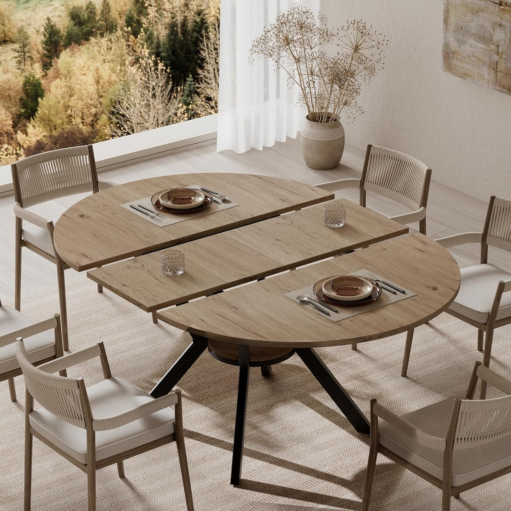 42'-58' Extendable Round Dining Table with Built-in Flip Leaf, Modern Oval Kitchen Table for 4-6, Space-Saving Small Room Furniture with Storage Shelf and X-Shaped Metal Base