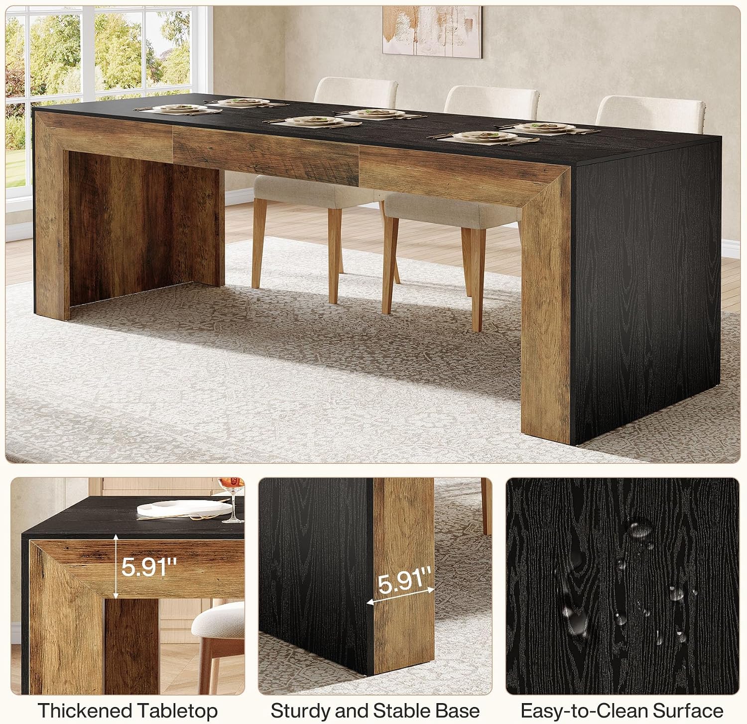 Tribesigns Extra Long Dining Table for 6-8 People, 78.7-Inch Rectangular Kitchen Table with Wooden Tabletop and Legs for Kitchen, Dining Room, Living Room, Heavy Duty, Black+Brown