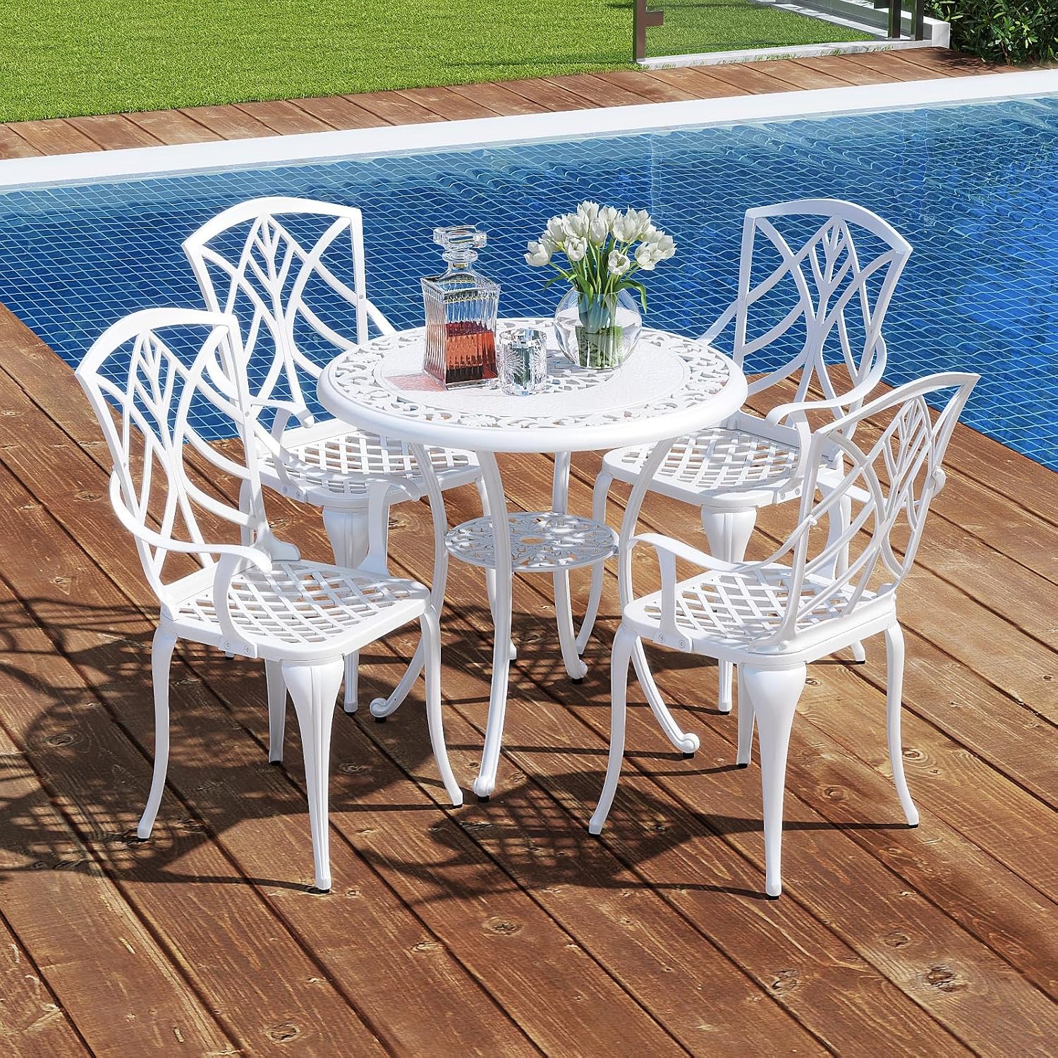 Tangkula 31.5' Cast Aluminum Patio Dining Table, Round Outdoor Bistro Table with 2' Umbrella Hole, Outdoor Side Table for Backyard, Lawn, Deck and Garden, White