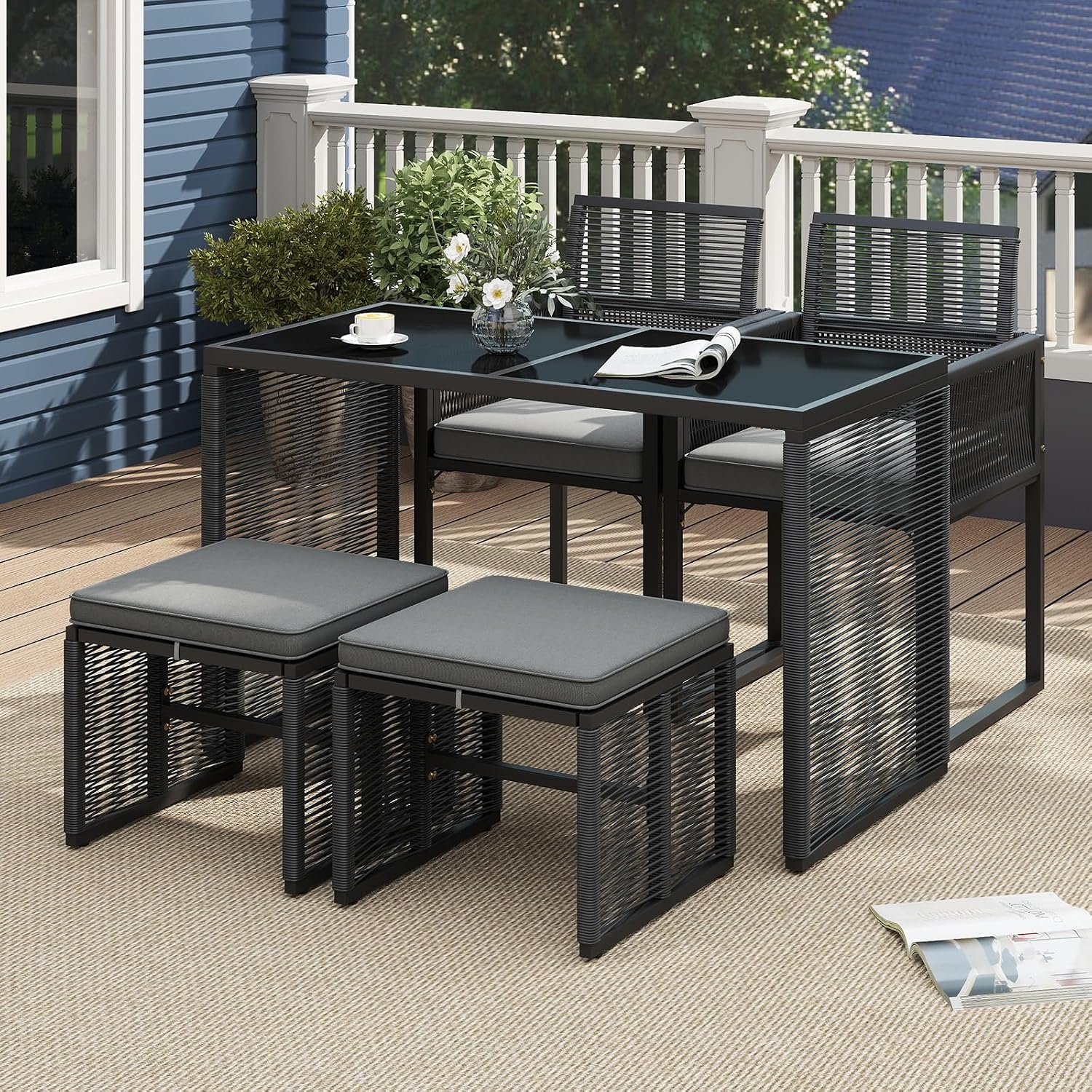 Tangkula 5 Pieces PE Wicker Patio Dining Set, Outdoor Conversation Set with Cushions, Space-Saving Patio Rattan Chair and Tempered Glass Table Set with Ottomans for Garden, Backyard & Poolside