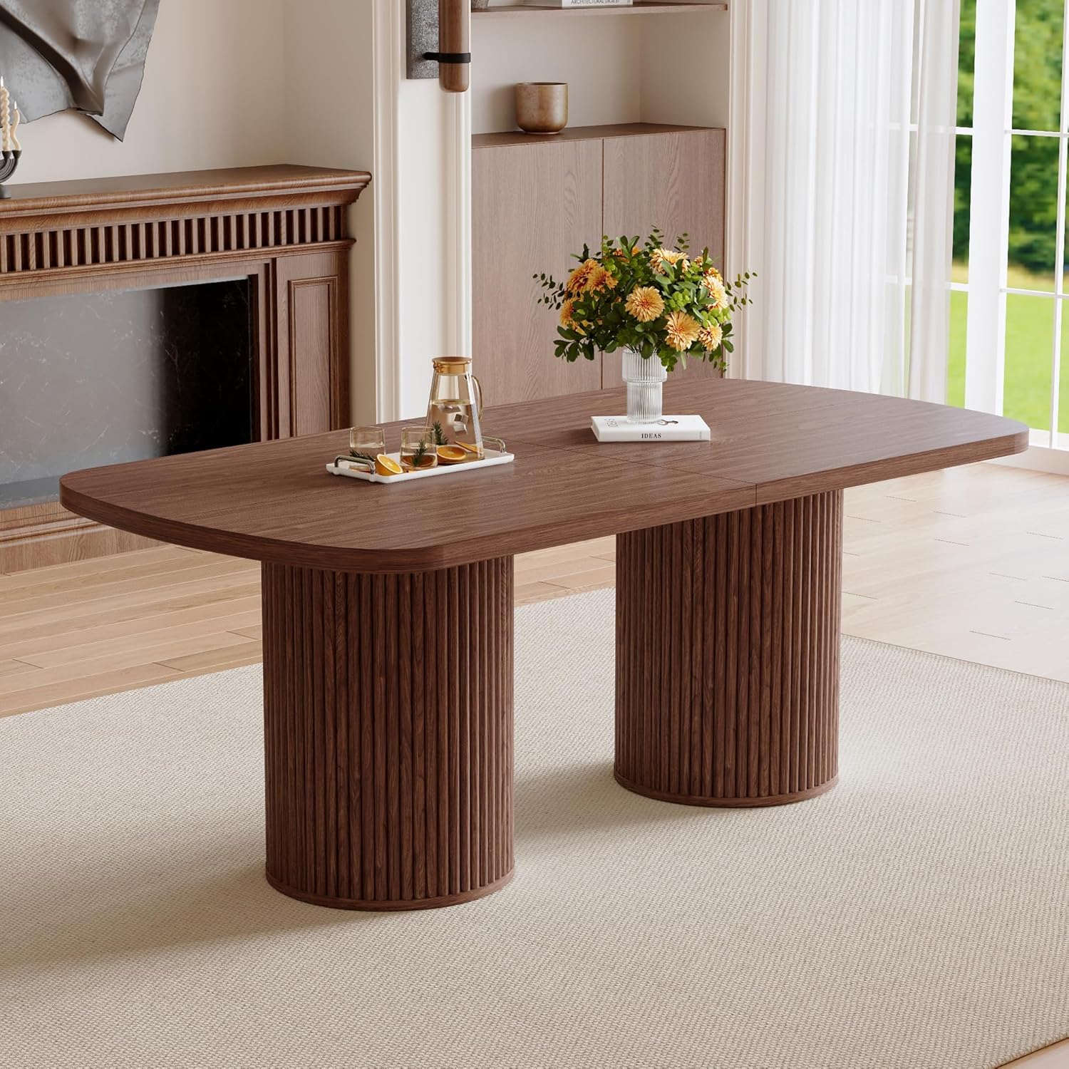 78.7' Extra Long Dining Table for 6-10 People, Farmhouse Kitchen Table with Cylindrical Fluted Bases, Rectangular Dining Table for Dining Room, Kitchen, Living Room, Walnut