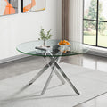 47.25' Round Dining Table for 6, Modern Clear Glass Kitchen Table for 6 with Silver X Metal Legs, Contemporary Small Circle Dining Room Leisure Tables for Kitchen Apartment