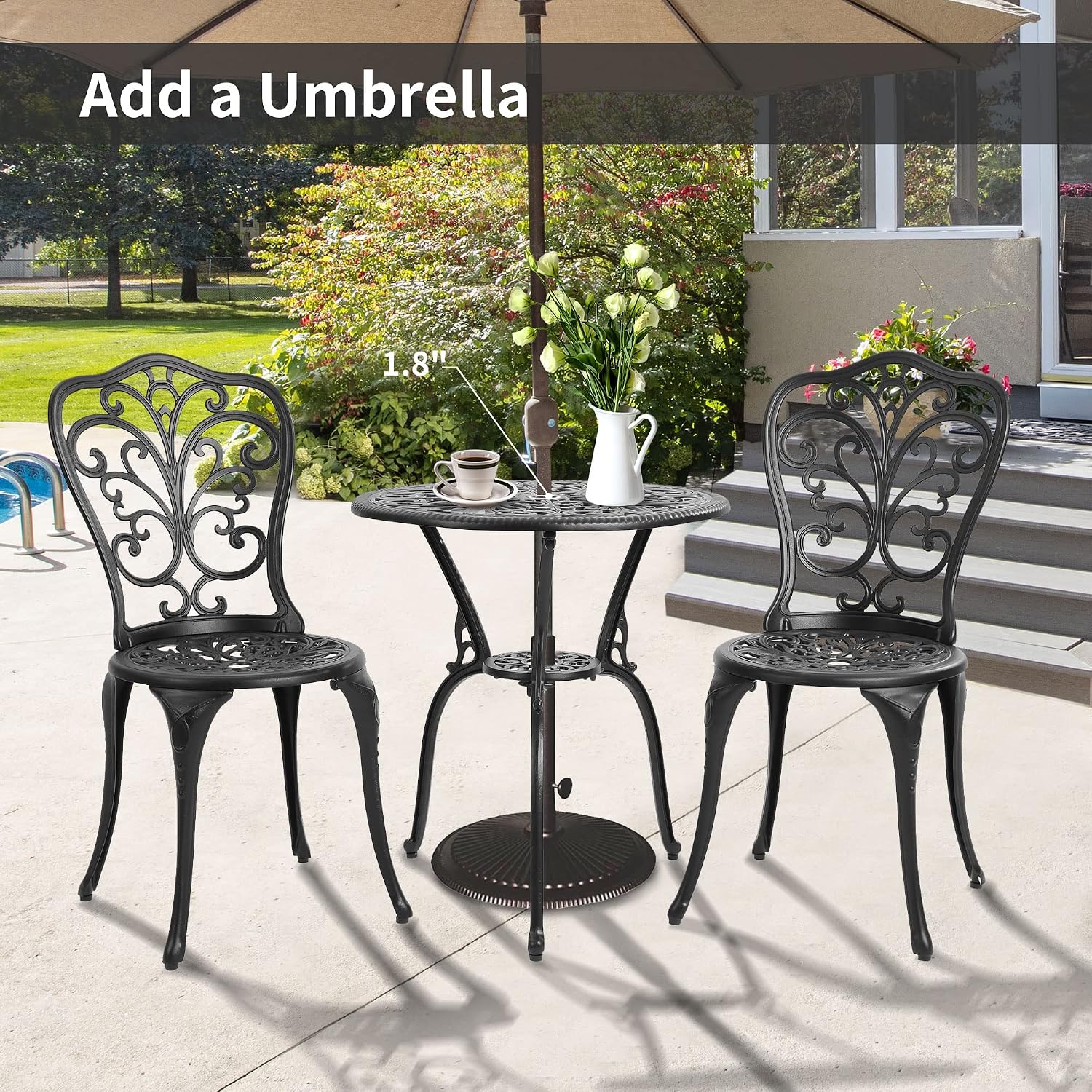 HOMEFUN Bistro Table and Chairs Set of 2 Outdoor 3 Piece Patio Set Butterfly Pattern Cast Aluminum Bistro for Garden Balcony, Durable Rust All-Weather Resistance (Black)