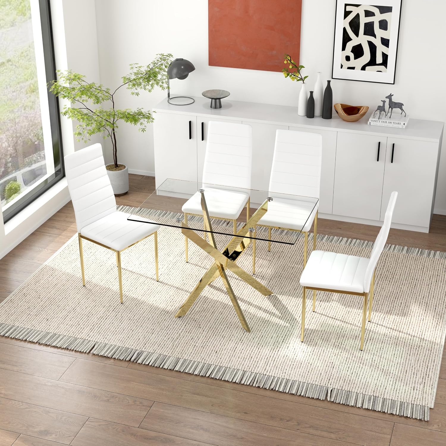 Tempered Glass Dining Table with Chromed Legs, 47' Modern Rectangular Kitchen Table for Dining Room Kitchen,Gold